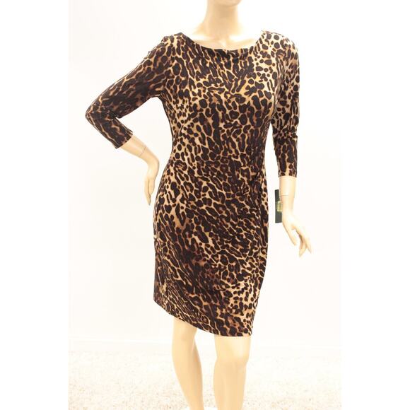 Lauren Ralph Lauren Ruched Dress Womens Size 12 Brown Leopard Print Party Wild - Picture 5 of 8